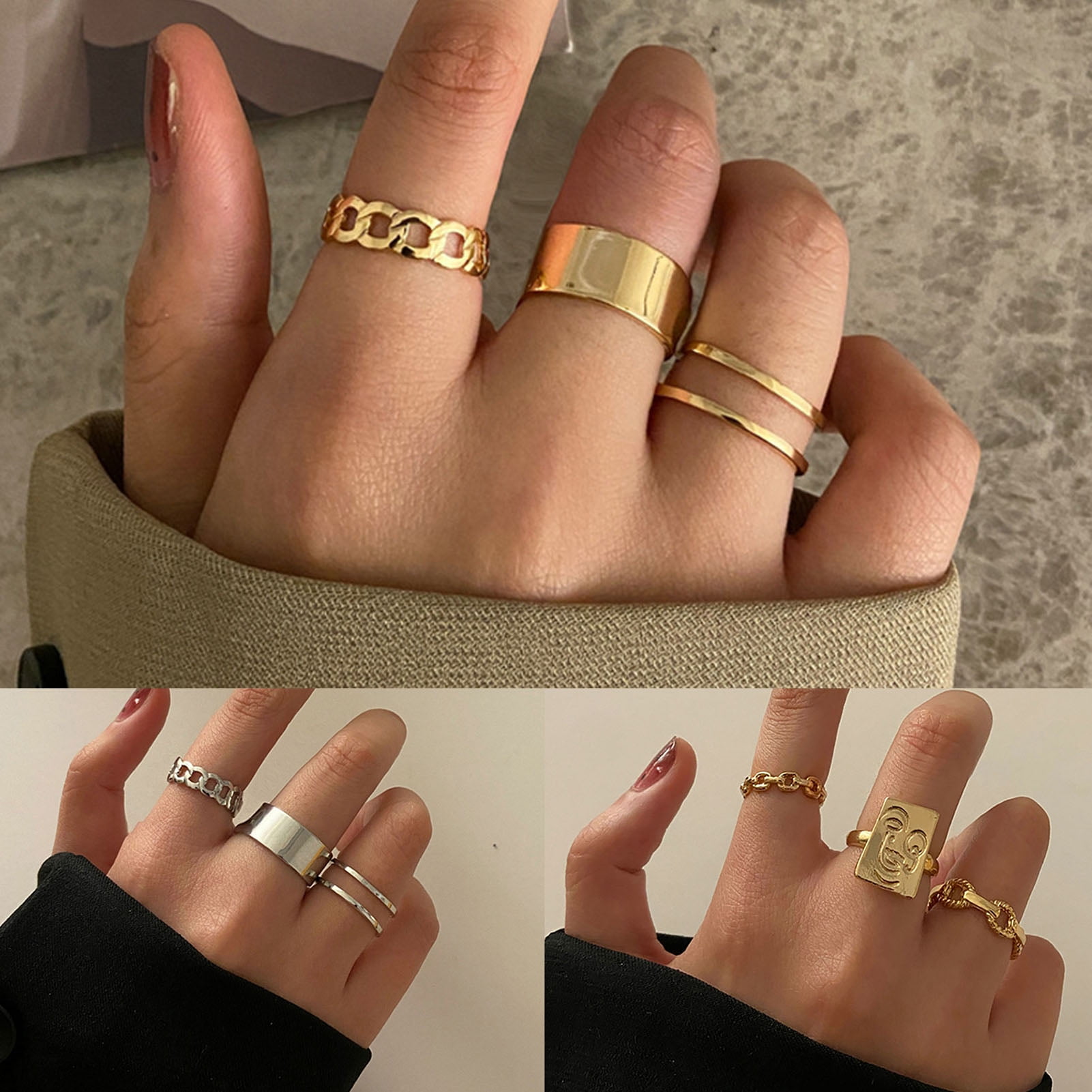Aaruhi Creation 5pcs Gold Wide Chain Rings Set For Women Fashion Irregular  Finger Thin Rings Knuckle Jewelry
