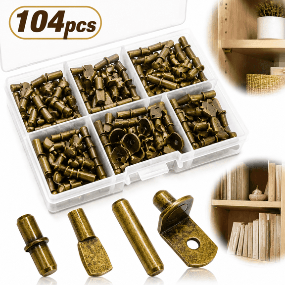 Ustris 104Pcs Shelf Pins Pegs Kit,4 Styles Shelf Support Pegs,Bookshelf Pegs for Shelves,Cabinet Shelf Bracket Pegs Shelf Holders Pins for Kitchen Furniture & Closet (5mm & 1/4inch,Bronze Tone)
