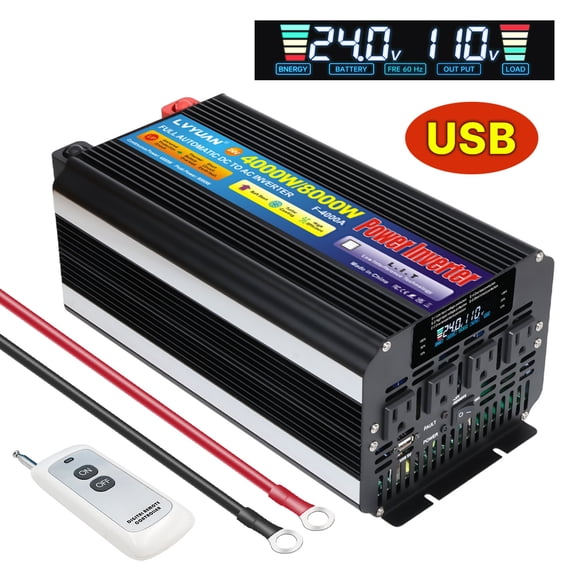 LVYUAN 4000W 8000W Peak Power Inverter, DC 24V to AC 110V Power Converter with 4 AC Outlets, USB Port, LCD Display, Remote Control for Car, RV, Truck, Camping, Off-Grid & Home Backup