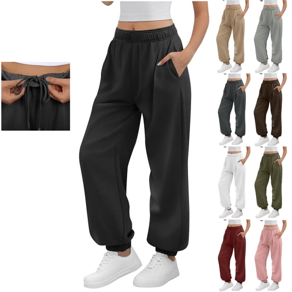 Tqyyweavej Womens Sweatpant Elastic Waist Wide Leg Lounge Trousers Solid Color Baggy Straight Leg Sweat Pants with Pockets S-2XL
