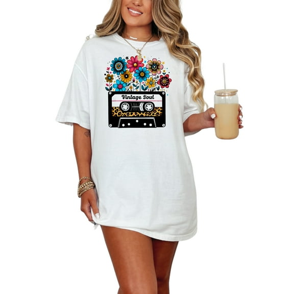 Vintage Soul T-Shirt, Retro Cassette Tape and Flowers Graphic Tee, 80s Music Lover Shirt, Nostalgic Floral Design T-Shirt, White Comfort Colors T-Shirt, Small
