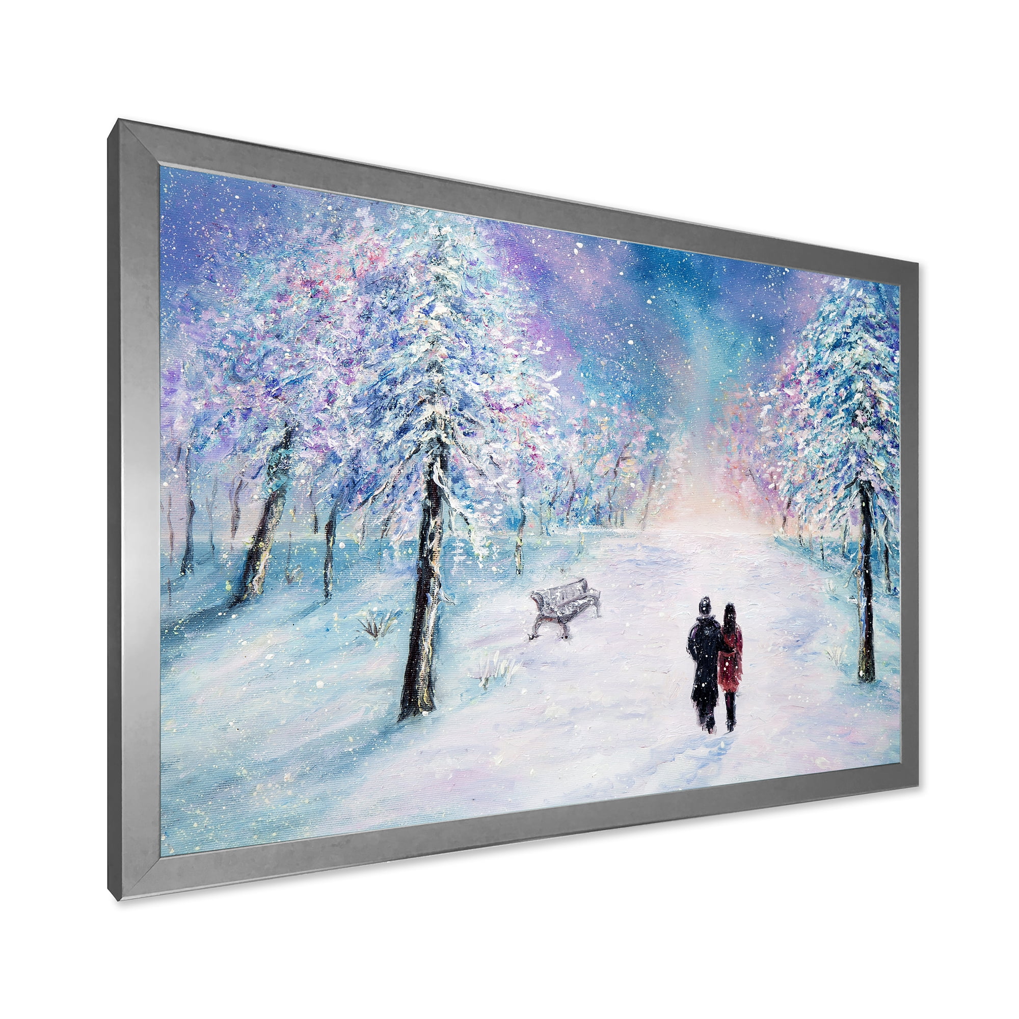 Couple In Love Walks During Snowy Winter Times 40 in x 30 in Framed Painting Canvas Art Print, by Designart