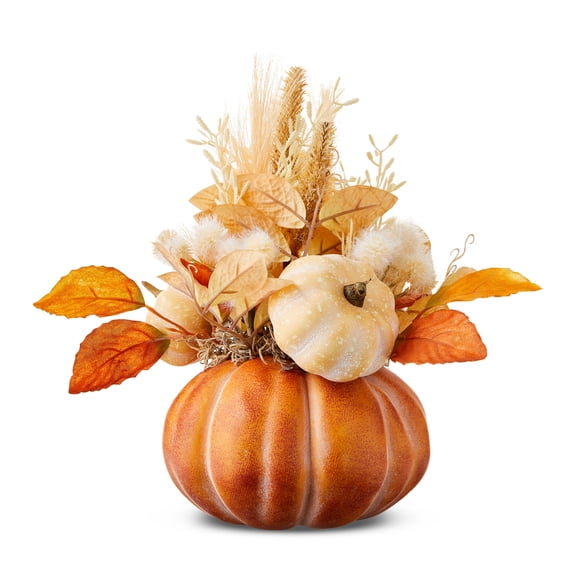 Foam Pumpkin with Fall Foliage Tabletop Decor, Orange & Cream, 11", Harvest by Homchy