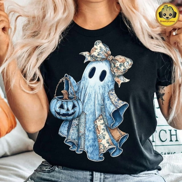 Chemise Fantôme en Denim Bleu Rétro Halloween, Chemise Fantôme Tendance Patchwork Effrayant, Chemise Coquette Fantôme Boo Mignon, Chemise Citrouille Automne, Chemise Saison Effrayant