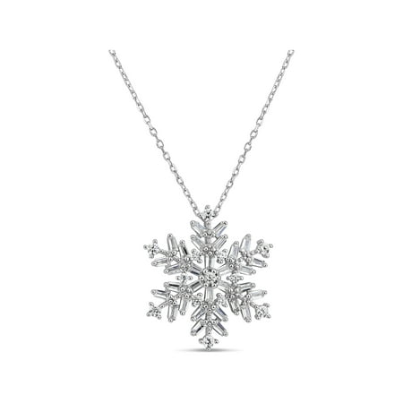 Cubic Zirconia Snowflake Pendant - Cubic Zirconia Baguette and Round Sterling Silver Rhodium Plated Snowflake Necklace, 18