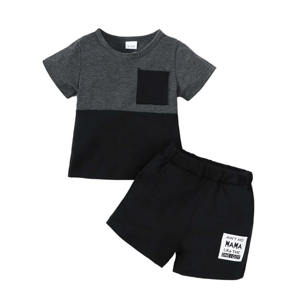 Kucnuzki 6 Months Baby Boy Summer Outfits Shorts Sets 12 Months Short Sleeve Basic Color-Blocked T-Shirt Tops WalkShorts 2PCS Set Black
