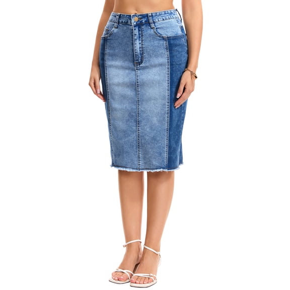 INSPIRE CHIC Women's Jean Skirt Color Block Patchwork Raw Hem Slit Back Knee Length Denim Skirts S Blue