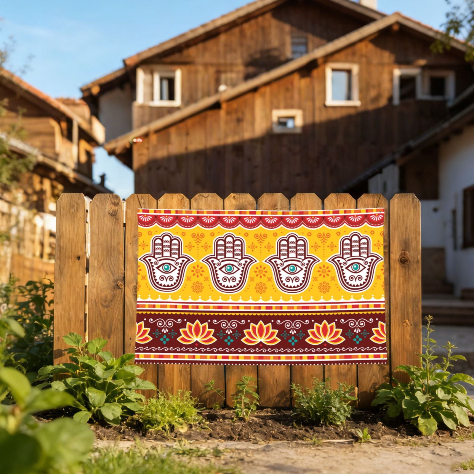 Pakistani Indian Evil Eye Hamsa Hand Four Hole Decorated Banner Flag for Garden Yard Home Decoration Indoor Outdoor 4x6 Ft