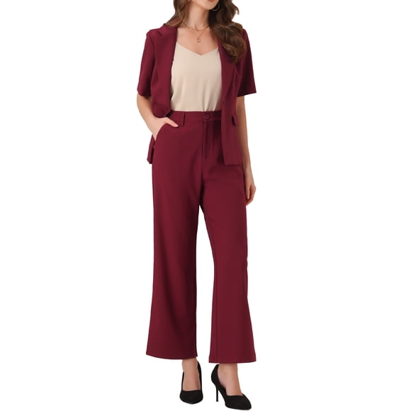 INSPIRE CHIC Women's Business Office Suit Set One Button Short Sleeve Blazer and Suit Pants M Burgundy