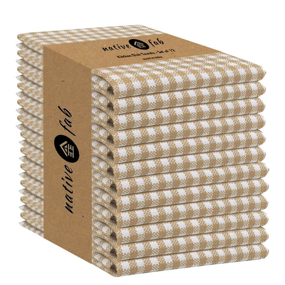 Native Fab 12 Pack Gingham Check Plaid Kitchen Towel - Soft Cotton - Washcloths - 16x26 - Beige