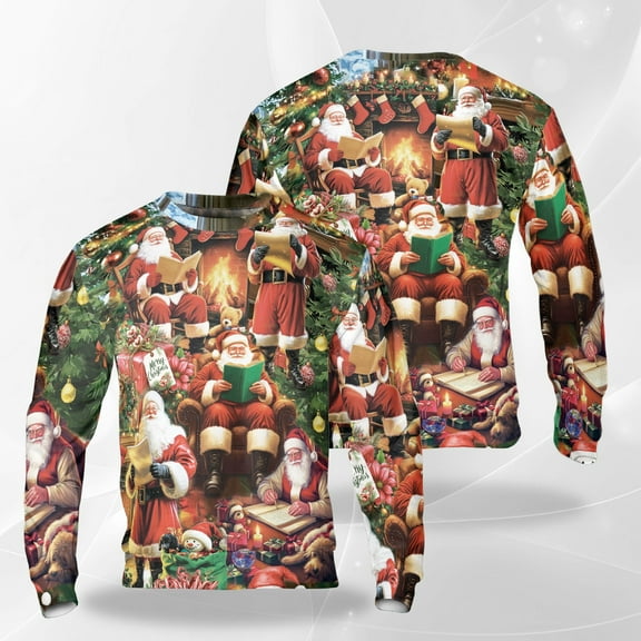 Santa by the Fireplace Christmas Sweatshirt, Classic Holiday Crewneck, Cozy Winter Xmas Pullover with Gifts & Tree, Festive Santa Claus Sweater for Men Women Friends