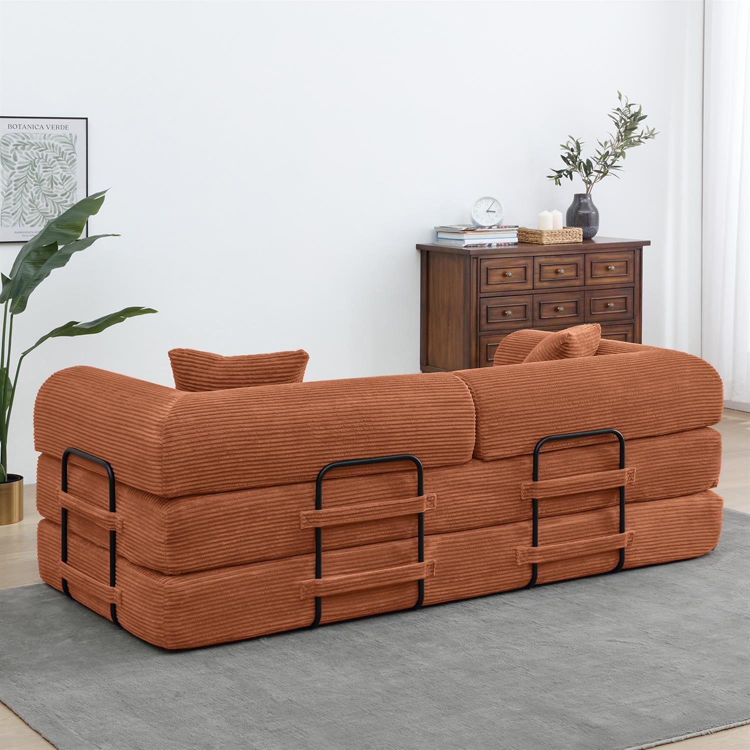 Demi Bonn 77" Convertible Sleeper Sofa Bed, Corduroy Foldable Mattress Couch with Cylindrical Pillow & Fixed Frame for Living Room, Bedroom, Orange