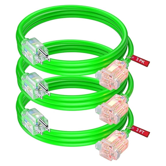 Extension Cord 3 Feet (3 Pack) Heavy Duty Outlet Saver, ETL Listed, 16AWG/13A, 3 Prong - Clear Lighted Female End, Green