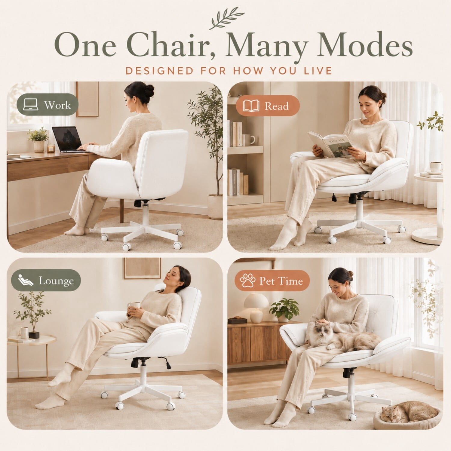 Easy4Home Criss Cross Office Chair with Wheels and Adjustable Armrests, Wide Seat PU Leather Swivel Computer Desk Chair, White