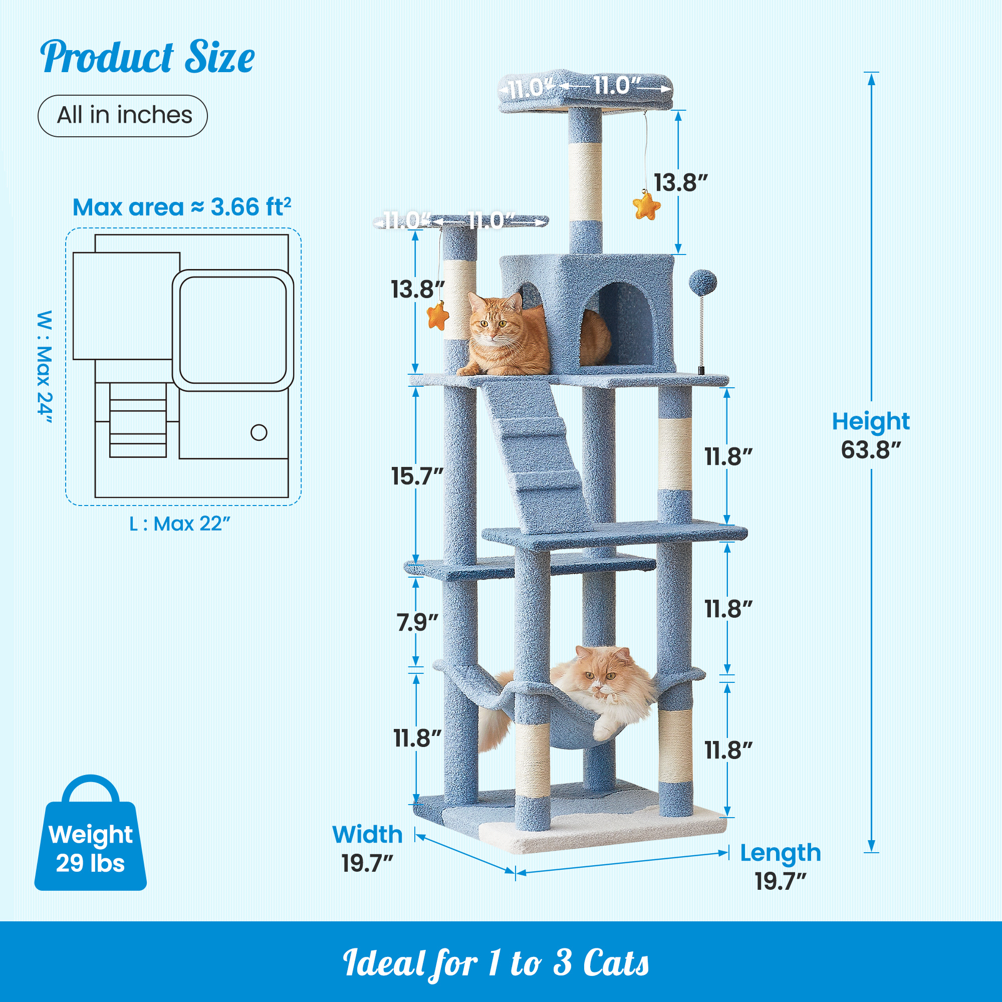 MWPO 63.8" Multi-Level Cat Tree with Condo and Scratching Post Tower, Blue