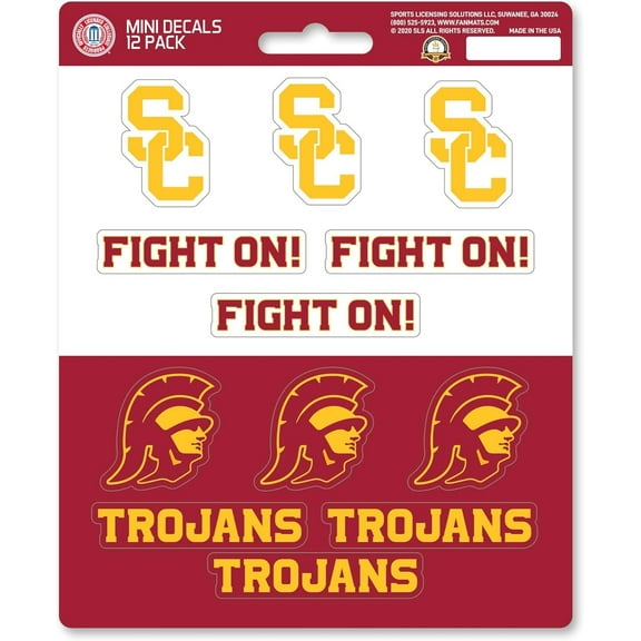 University of Southern California USC Trojans 12-Piece Mini Decal Sticker Set, 5x6 Inch Sheet, Gift for football fans for any hard surfaces around home, automotive, personal items