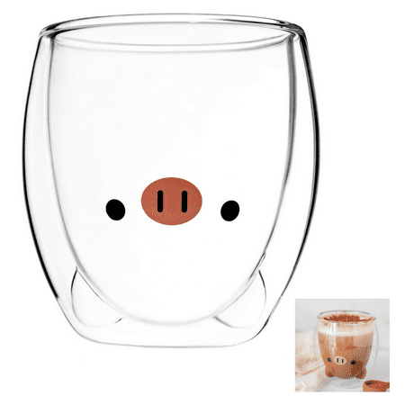 

Cute Double Wall Glass Cup - Cat Bear Duck Dog Pig Narwhal - Cute Coffee Cup - Tea Cups - 375ml (Pig)