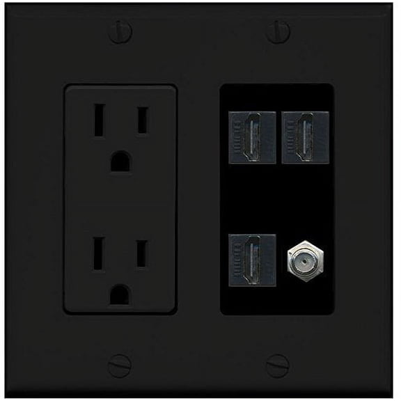 RiteAV - (2 Gang Decorative 15A Power Outlet 3 HDMI Black Coax Black Wall Plate Black