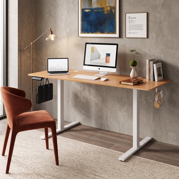 63" Electric Standing Desk with 3 Memory Heights and 2 Hanging Hooks, Adjustable Height Sit Stand Home Office Desk,Natural