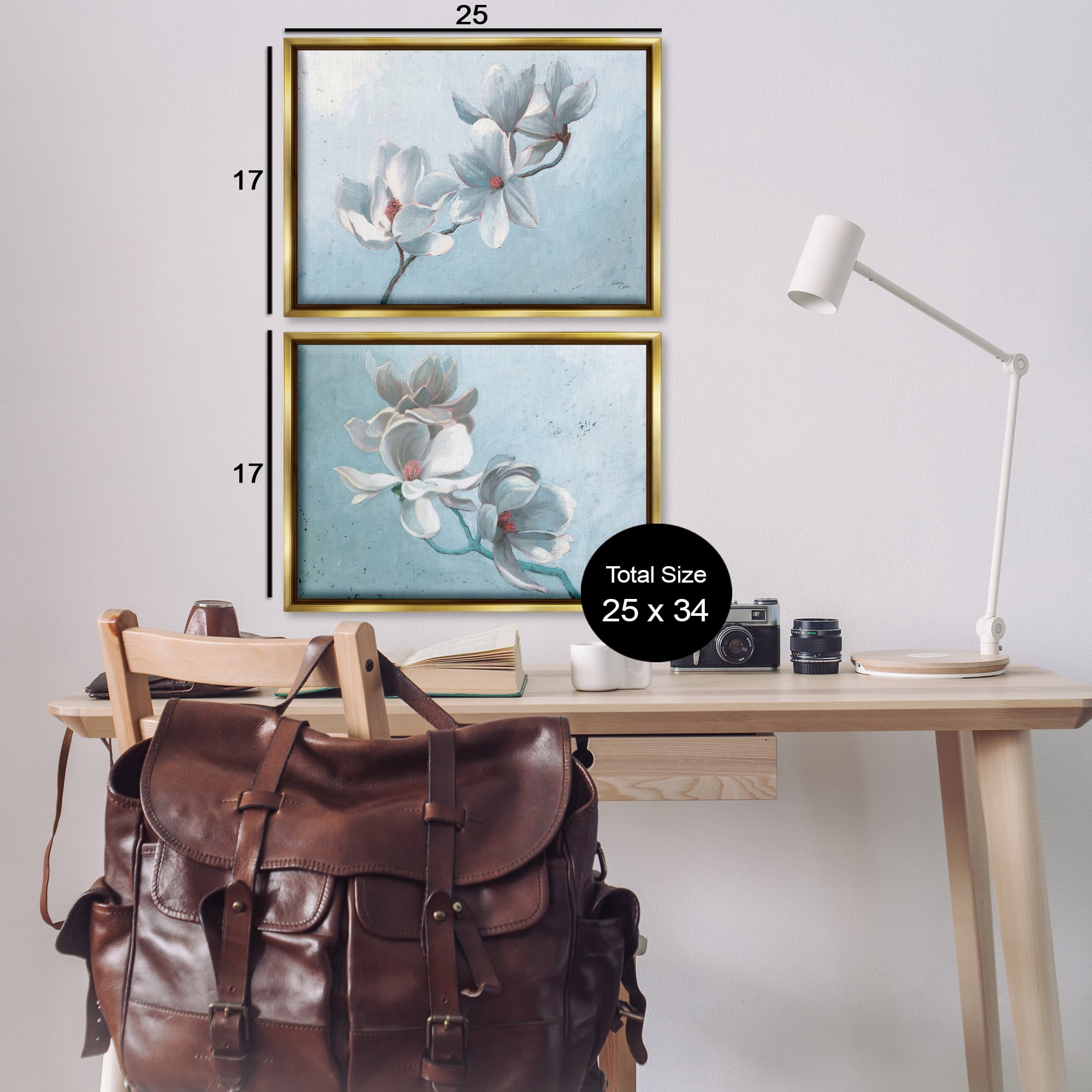 Stupell Industries Single Magnolia Branch Blossoms Plants & Flowers Painting Gold Floater Framed Canvas Art Print Wall Art, 25 x 17, Set of 2