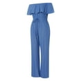 thumbnail image 3 of Franhais Women Plus Size Denim Off Shoulder Rompers Ruffle Slash Neck Drawstring Jumpsuits, 3 of 8