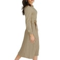 thumbnail image 3 of Sedceaty Women Spring Dress with Waist Belt, Plain Color Long Lantern Sleeve Crew Neck Knitted Pleated Dress, Ladies Fall Midi One-Piece, 3 of 8