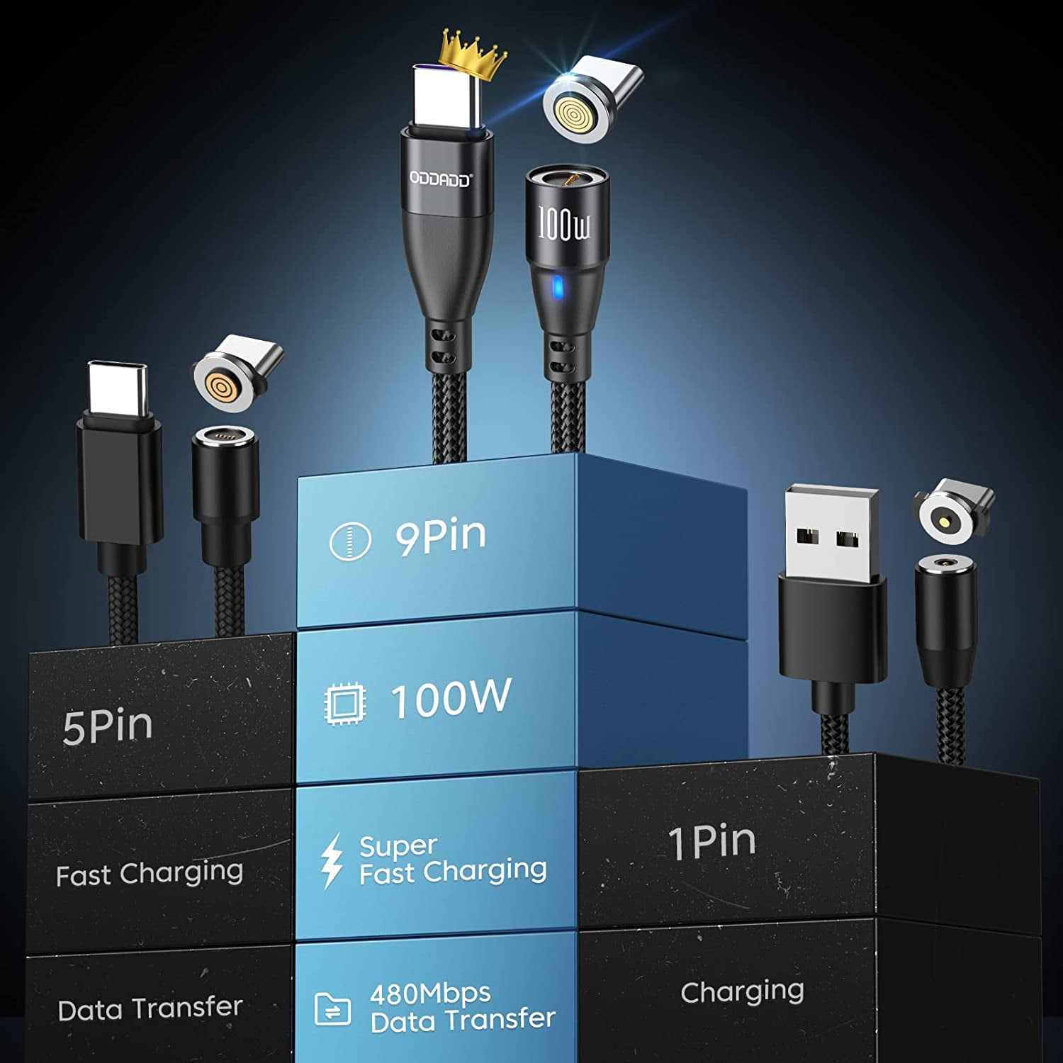100W USB C Magnetic Charging Cable 2pack(3.3ft+6ft), 6 in 1 Magnetic Fast Charging Cable, Magnetic USB C Charging Cable Compatible with Micro USB, Type C and All Devices