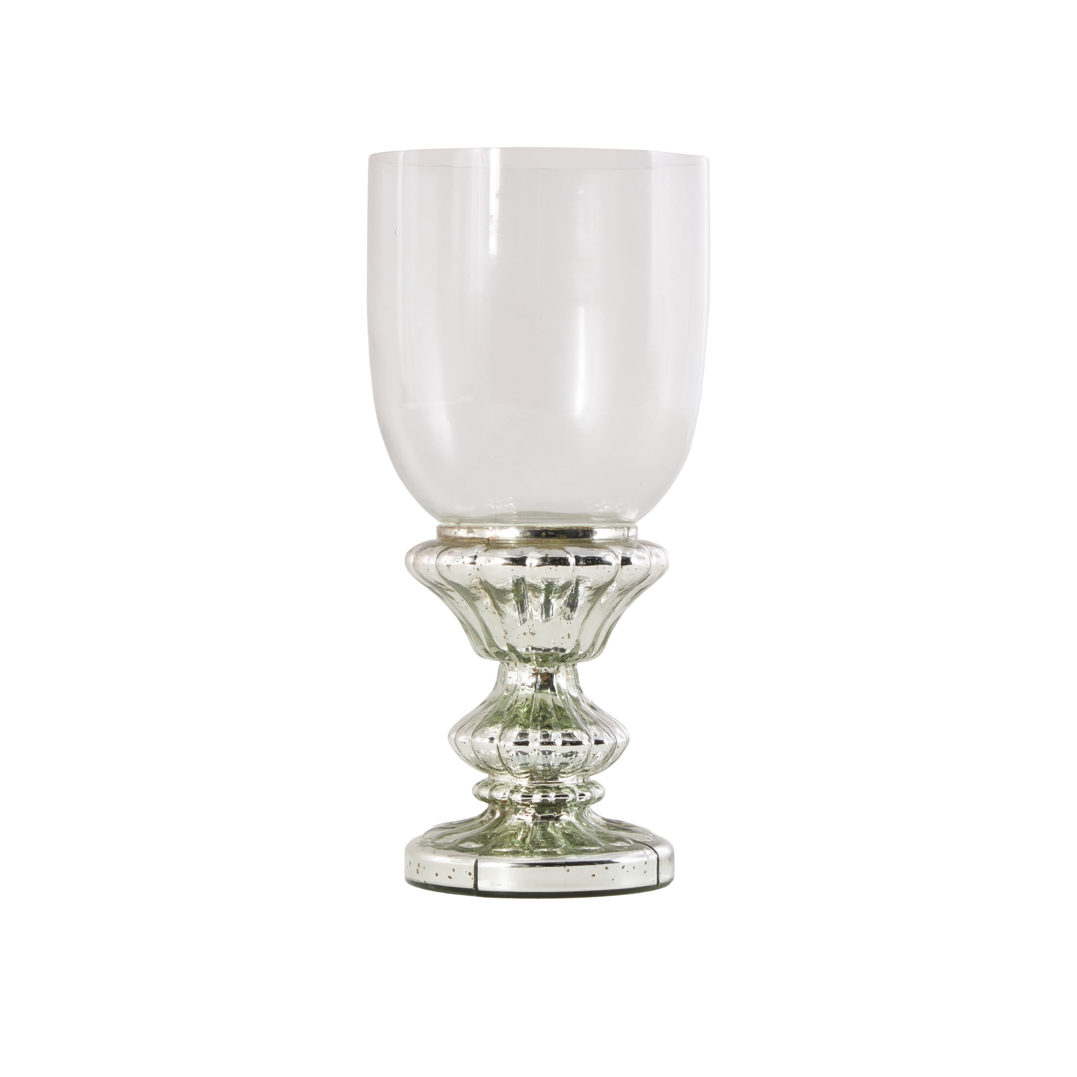DecMode Silver Glass Handmade Turned Style Pillar Hurricane Lamp with Faux Mercury Glass Finish
