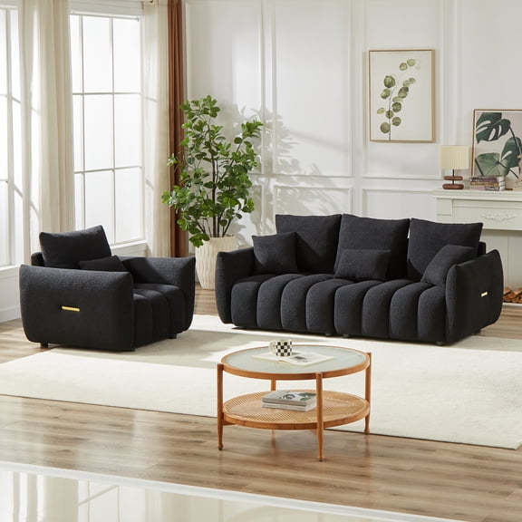 Muumblus Pure 2 Pieces Living Room Furniture Set, Single Sofa Chair and 3-Seater Sofa, Black Teddy