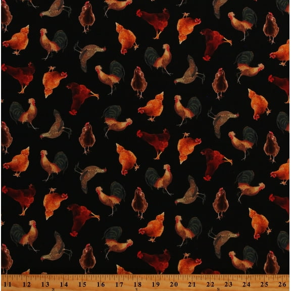 Cotton Chickens Roosters Hens Farm Animals Birds Black Cotton Fabric Print by the Yard (FARM-CD2743-BLACK) Timeless Treasures
