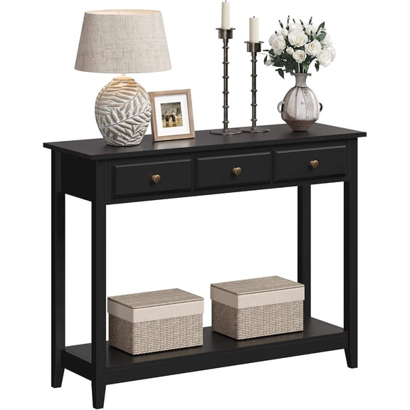 Black Console Table with 3 Drawers and Bottom Shelf, Narrow Entryway Table for Living Room, Hallway, or Foyer