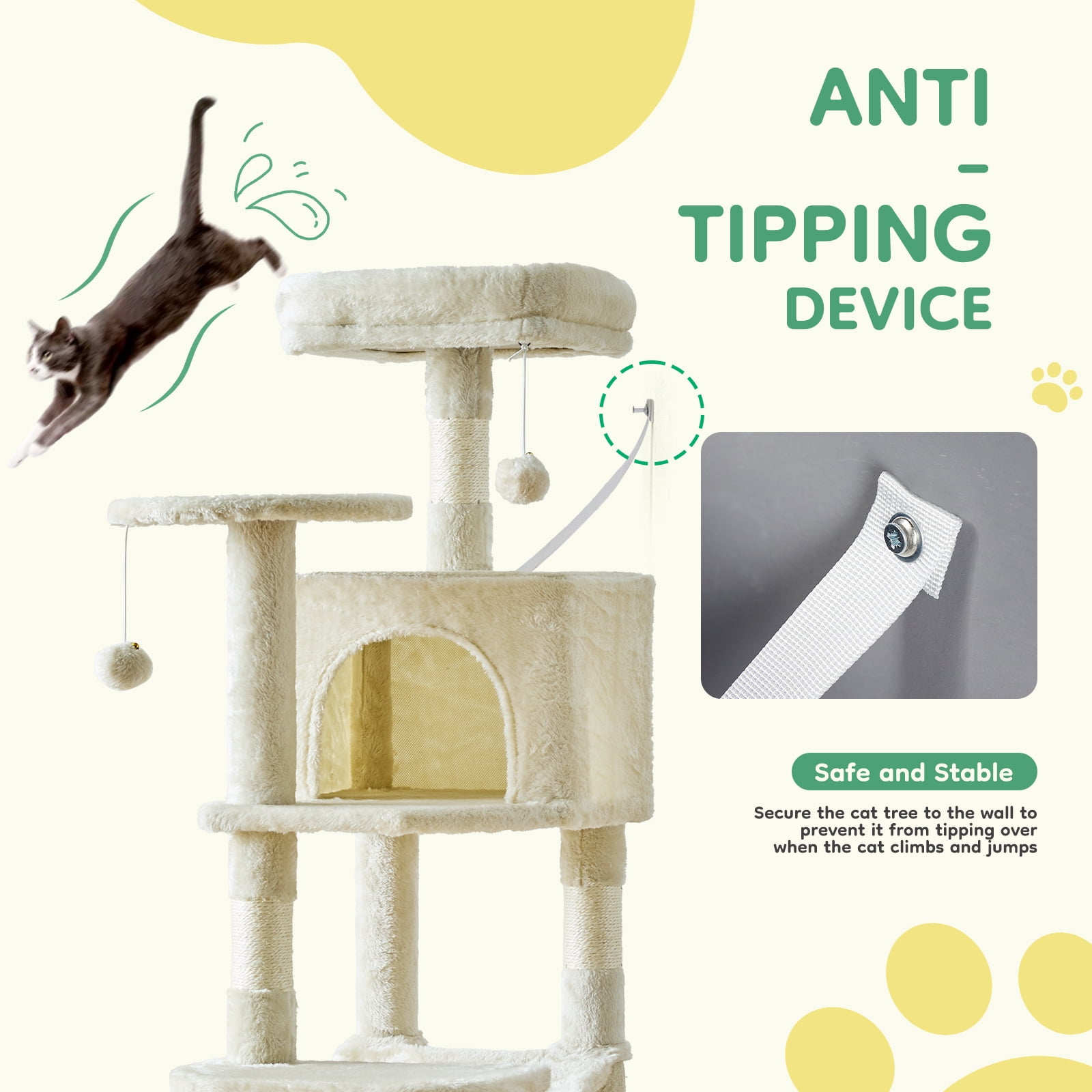 JIOABL 44" Multi-Level Cat Tree Tower with Hammock, Condo, Climbing Plates, Plush Toy, Kitty Playing House, Beige