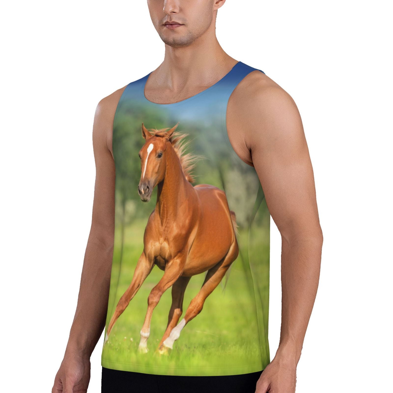 Gukieu horse running freely Print Men's Quick Dry Fitness Vest, Round Neck Sleeveless Fitness Bodybuilding Top-Medium