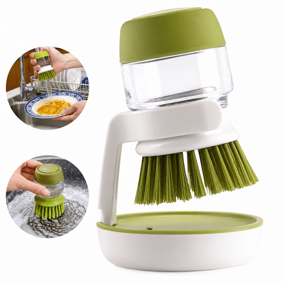 Soap Dispensing Dish Brush, Palm Scrub Brush with Holder, One-Touch Soap Dispenser, Non-Scratch Bristles for Kitchen Cleaning, Pots & Pans Scrubber