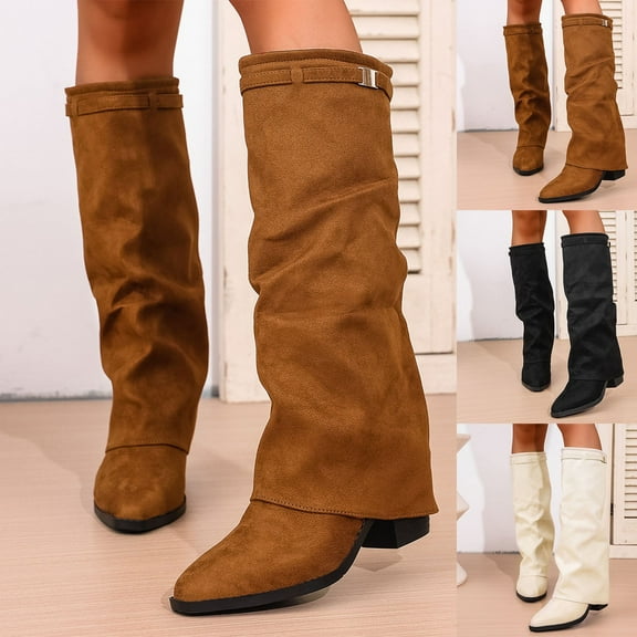 Women Boots Chunky Mid Heel Pointy Toe Mid Calf Long Boots Fashion Casual Versatile Tassel Fall Winter Warm Shoes for Women Black 6