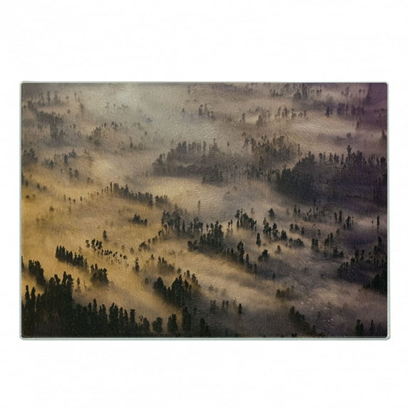 Mystic Cutting Board, Sunrise over a Foggy Mystic Forest Summer Morning Time Wildlife Scenic Picture, Decorative Tempered Glass Cutting and Serving Board, Small Size, Yellow Brown, by Ambesonne