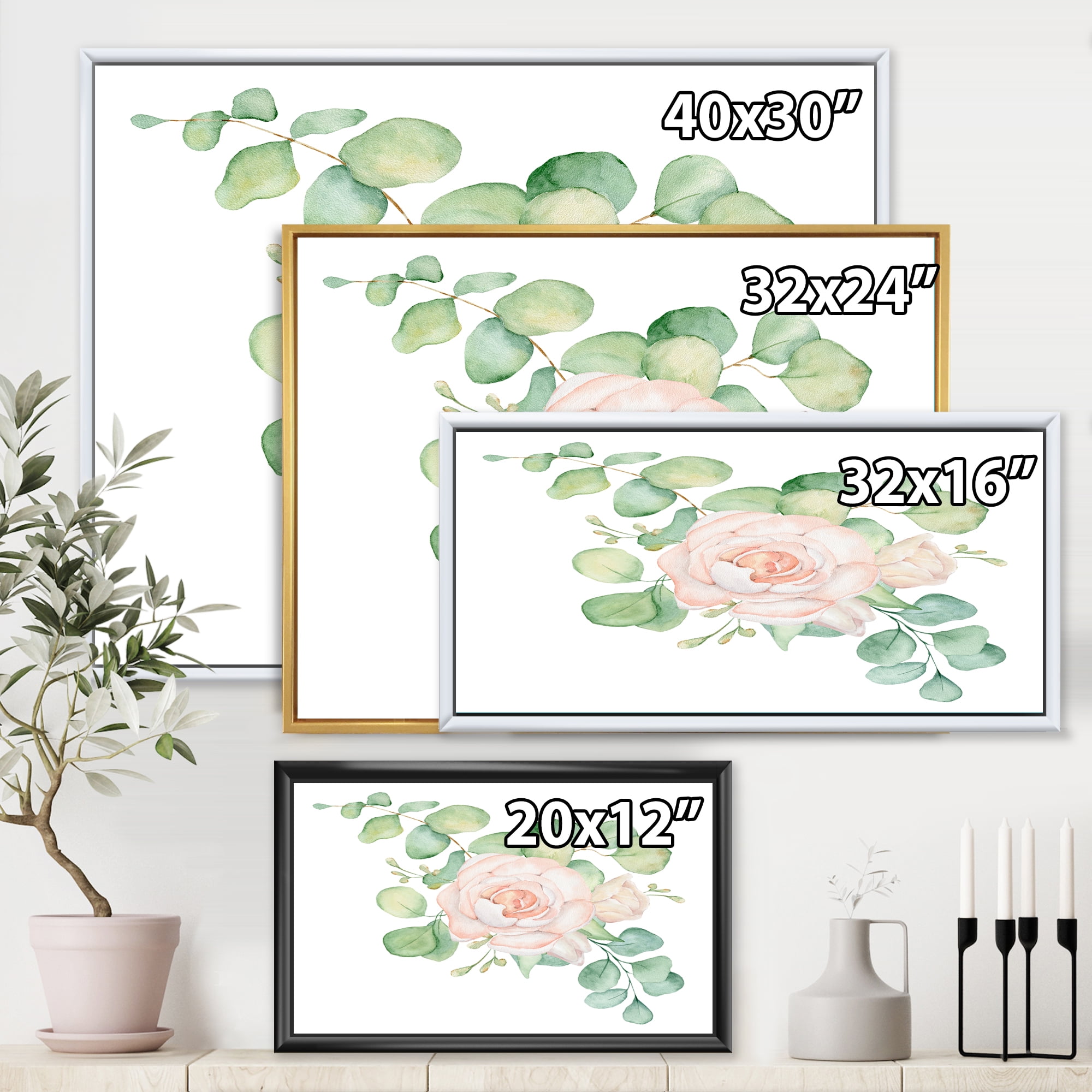 Designart 'Bouquet of Pink Roses Flowers and Eucalyptus Leaves' Traditional Framed Canvas Wall Art Print