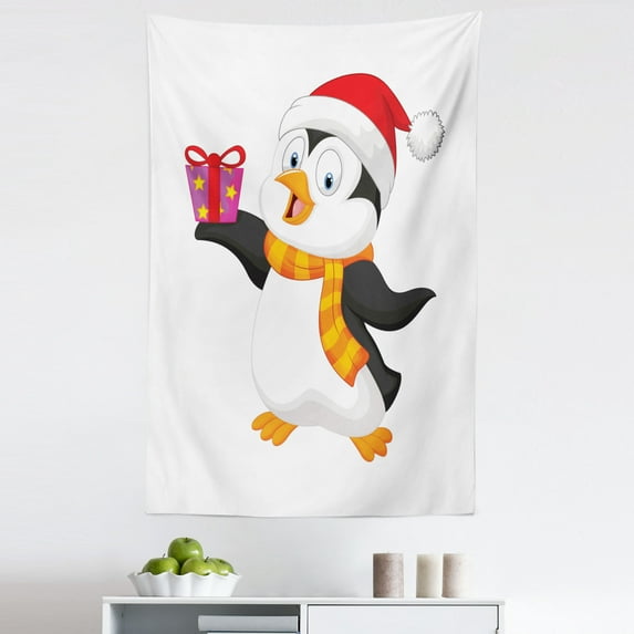 Cartoon Tapestry, Friendly Penguin Character with Christmas Attire Holding an Ornate Box North Pole, Fabric Wall Hanging Decor for Bedroom Living Room Dorm, 5 Sizes, Multicolor, by Ambesonne