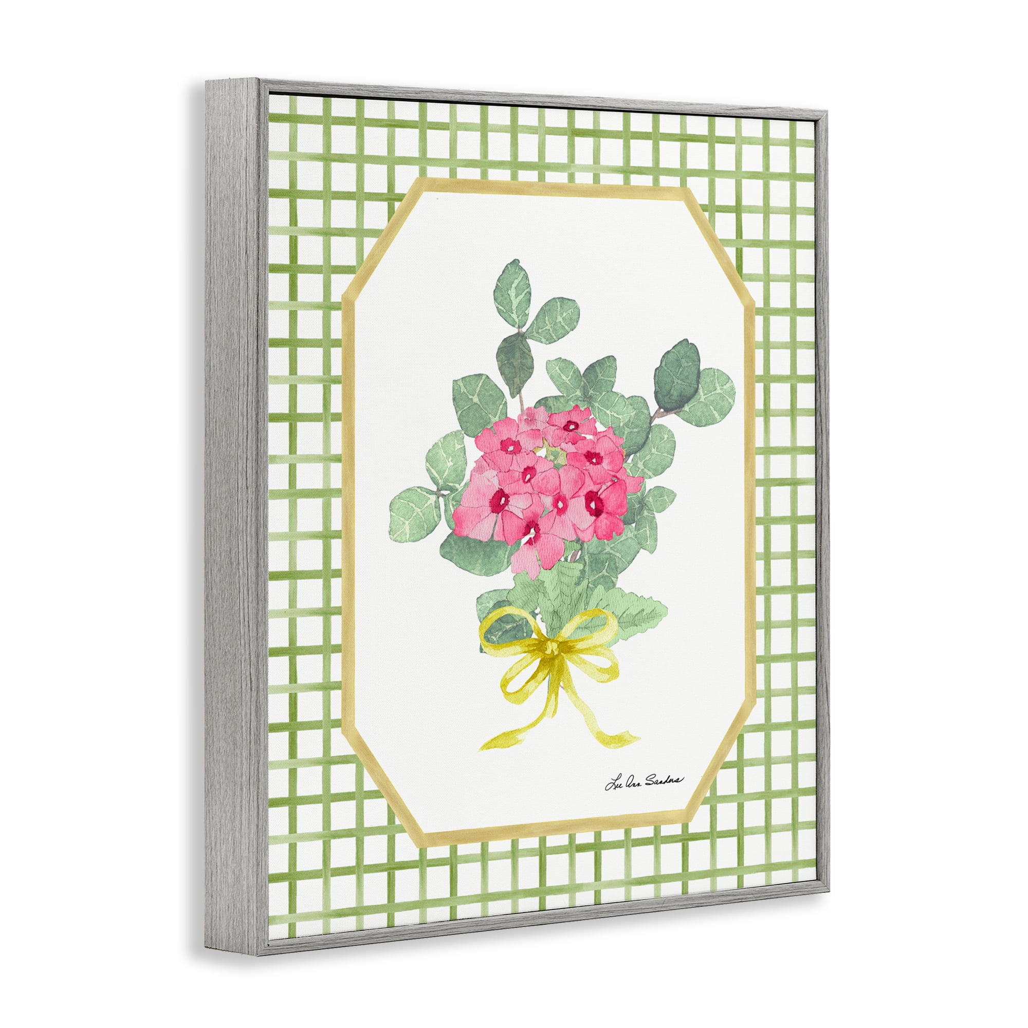 Botanical Story on Grid Pattern Gray Framed Giclee Art, design by Lee Ann Sanders