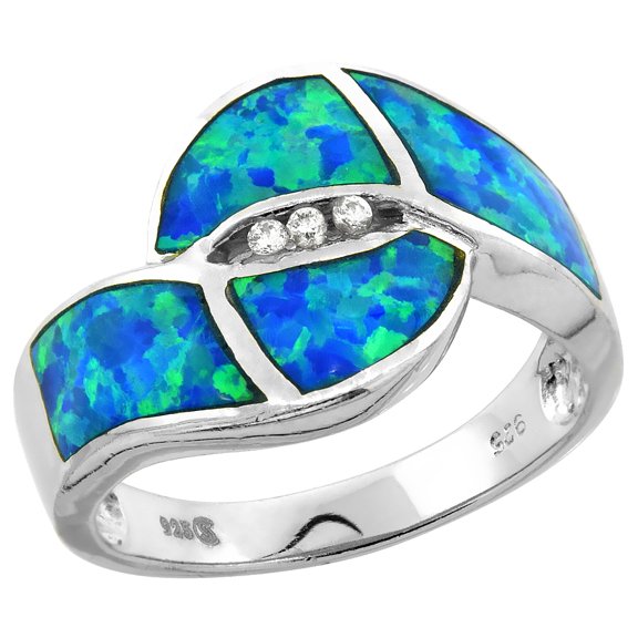 925 Sterling Silver Blue Synthetic Opal Inlay CZ Accent Bypass Ring 14mm
