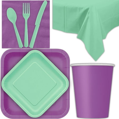 Disposable Party Supplies for 28 Guests - Pretty Purple and Mint - Square Dinner Plates, Square Dessert Plates, Cups, Lunch Napkins, Cutlery, and Tablecloths:  Tableware