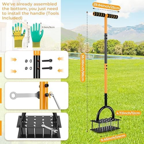 Lawn Aerator, Aerator Lawn Tool with 16 Spikes Spring Base and Gloves Pre-Assembled Manual Yard Aerator Tool Automatic Leaf and Dirt Cleaning for Yard Lawn Garden Aeration$$Garden & Patio
