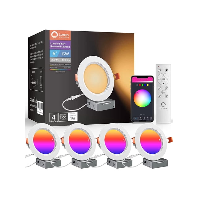 Lumary 6 Inch Smart WiFi Recessed Lights 13W Smart Recessed Lighting Ultra-Thin and Anti-Glare Trim Smart LED Recessed Light RGBWW