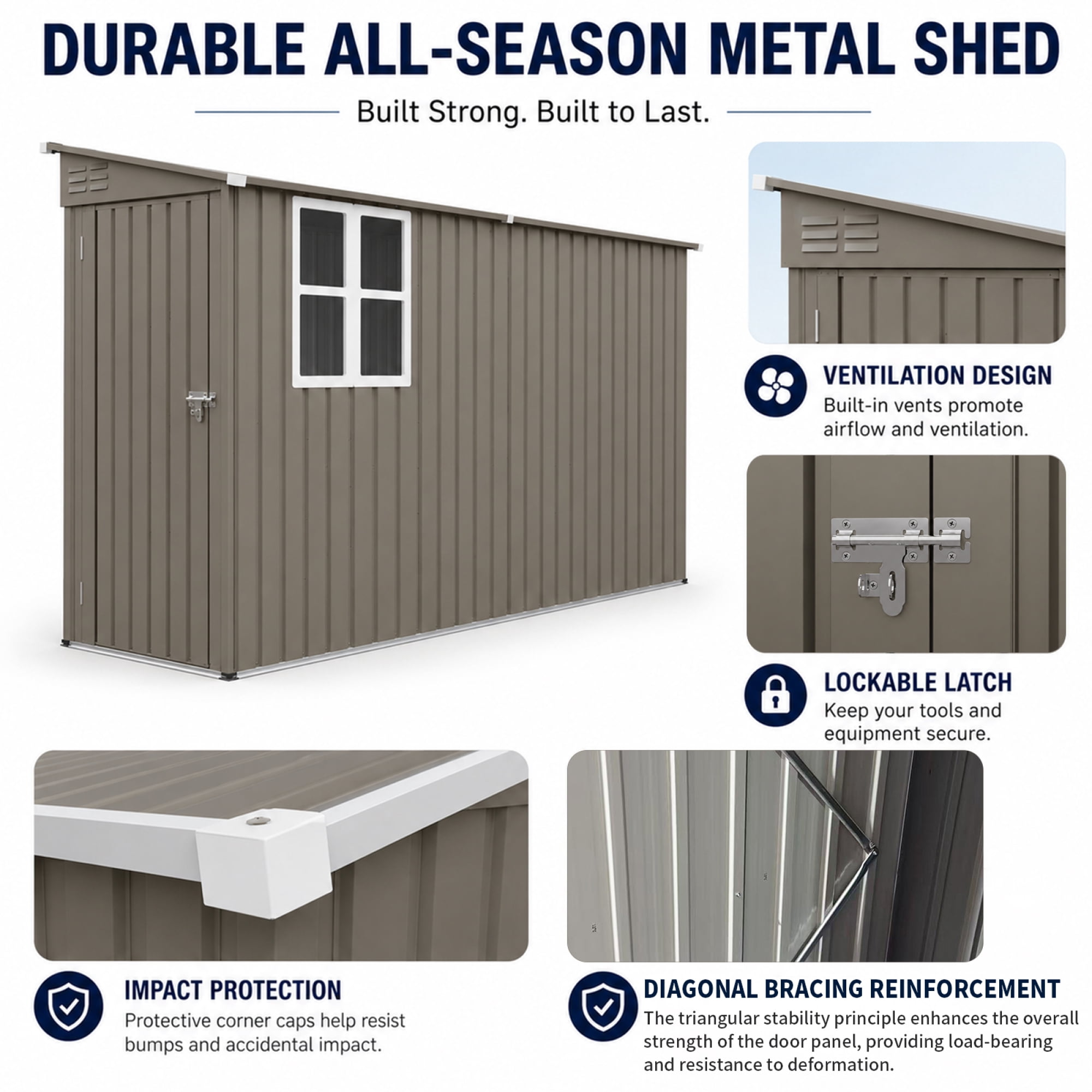 Leumius 4x9FT Olive Grey Outdoor Metal Storage Shed, Galvanized Thick Frame Color Steel Tool House with Light-transmitting Window for Backyard, Patio, Lawn