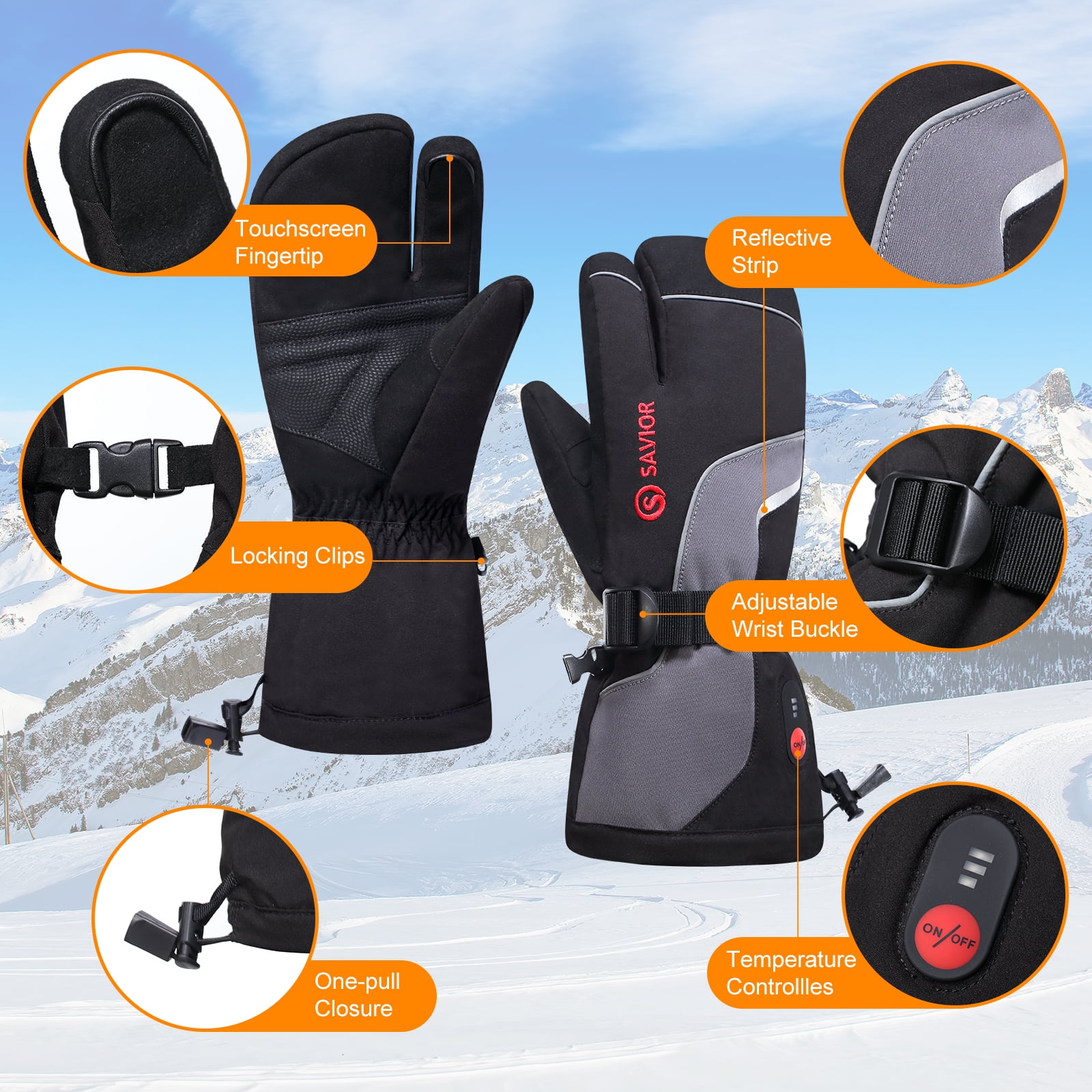 SAVIOR HEAT Heated Mittens for Men & Women – Rechargeable 7.4V 2200mAh, Touchscreen Waterproof Ski Gloves for Skiing, Snowboarding, Camping, Hiking