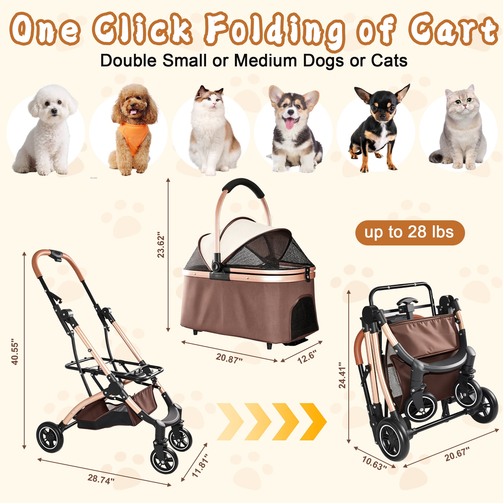 Foldable Pet Stroller for Small/Medium Dogs and Cats, Convertible Pet Cart with Detachable Carrier, Caster & Storage Basket