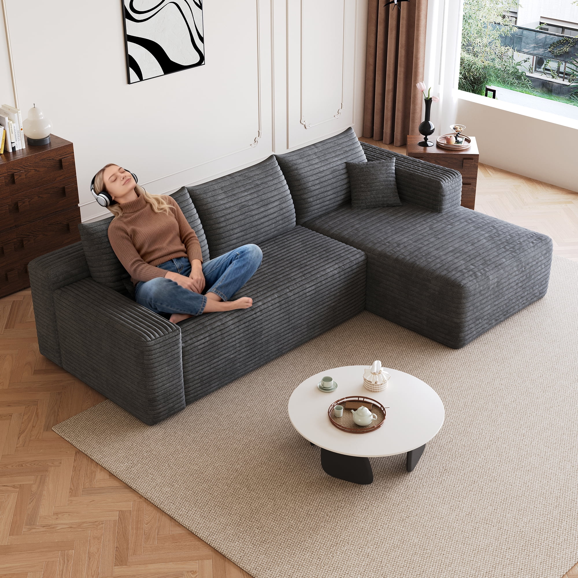Leumius Modular Sectional Sofa,Oversized L-Shape Cloud Couch,Modern Corduroy Upholstered Couches for Living Room,No Assembly Required,Dark Gray(Right Facing Chaise)