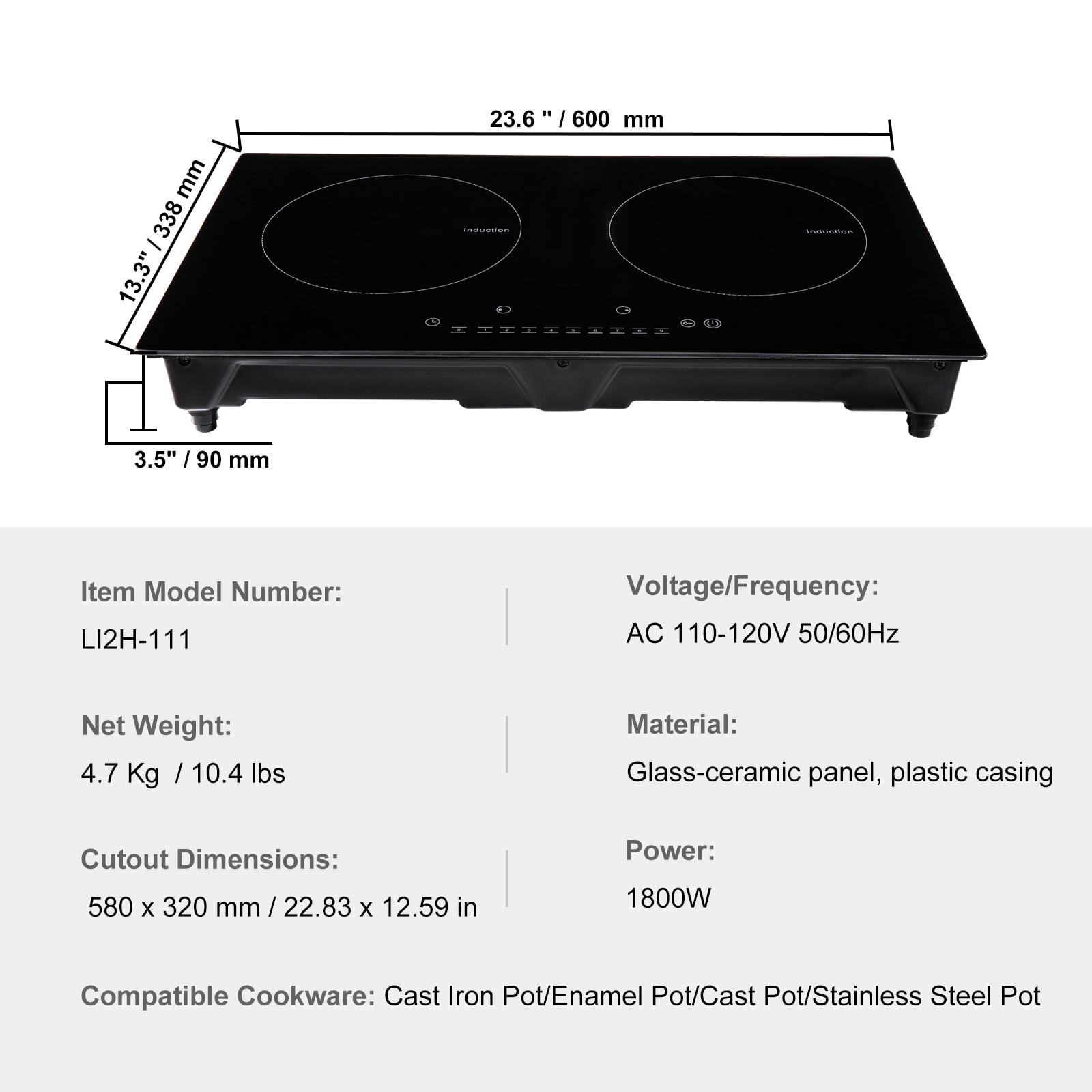 SKYSHALO 2 Burners Ceramic Glass Stove Top Touch Control 24 inch Electric Cooktop