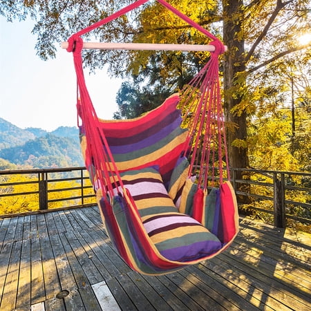 Hammock Chair Hanging Rope Swing, Hanging Swing Chair with Two Cushions, For Garden Patio Porch Yard Natural (Rainbow Red)