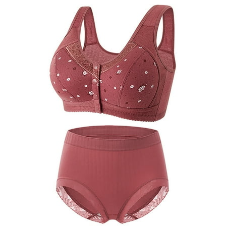 Ukumplol Womens Underwear and Bras Set Bras for Women No Underwire Bra and Panty Sets for Women Ladies Bra Set Front Closure Middle Elderly Underwear Bra Briefs Brassiere for Women Watermelon Red 44